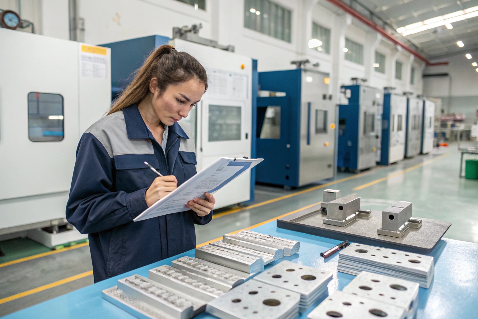 Engineer reviewing custom mechanical part drawings in CNC machining workshop