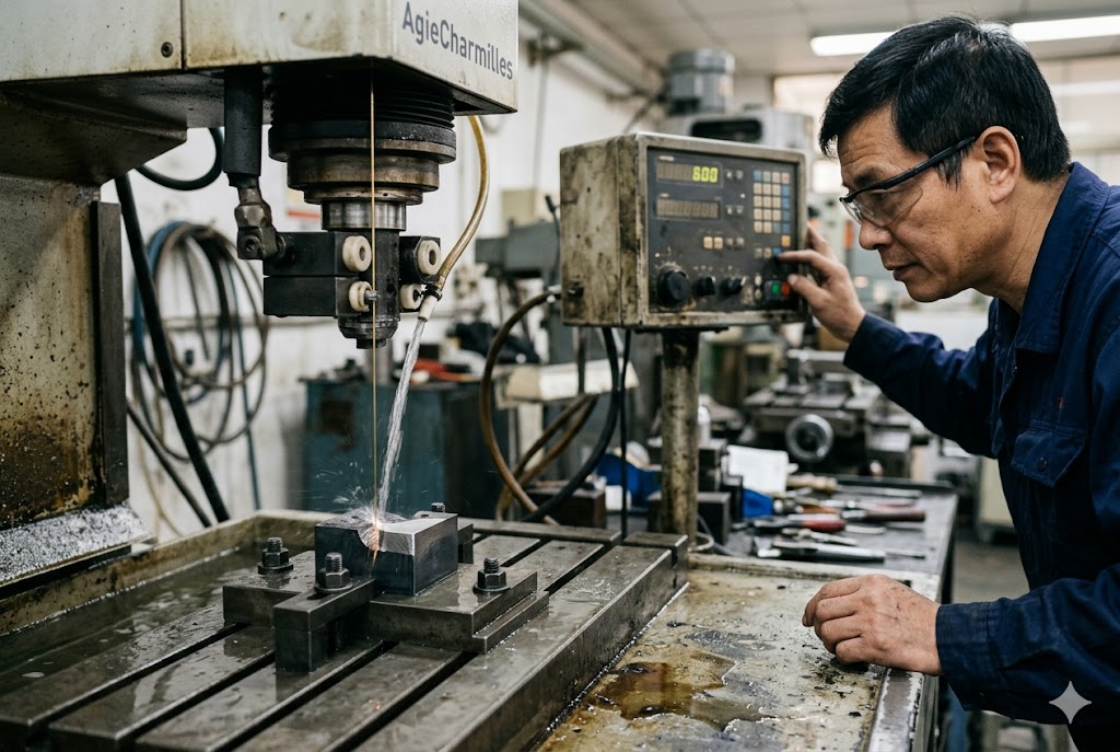 Technician monitoring slow-wire EDM cutting hardened steel mold insert in workshop (ID#1)