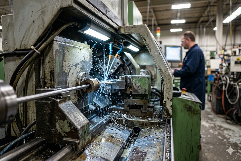 Swiss-Type Lathe Operation Swiss-type lathe active operation with bar stock through guide bushing and coolant (ID#2)