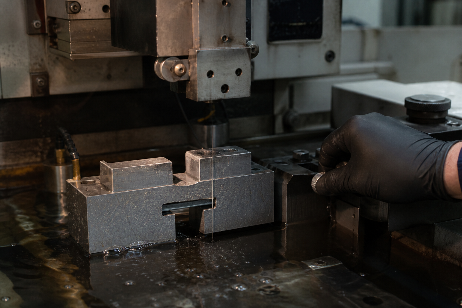 Close-up wire EDM cutting steel fixture (ID#2)