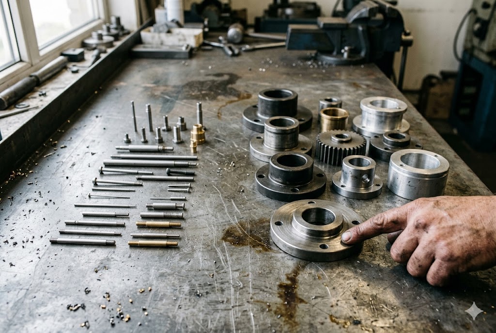 Swiss vs Conventional Parts Flat-lay comparison of Swiss-type precision pins versus conventional lathe flanges on workshop table (ID#3)