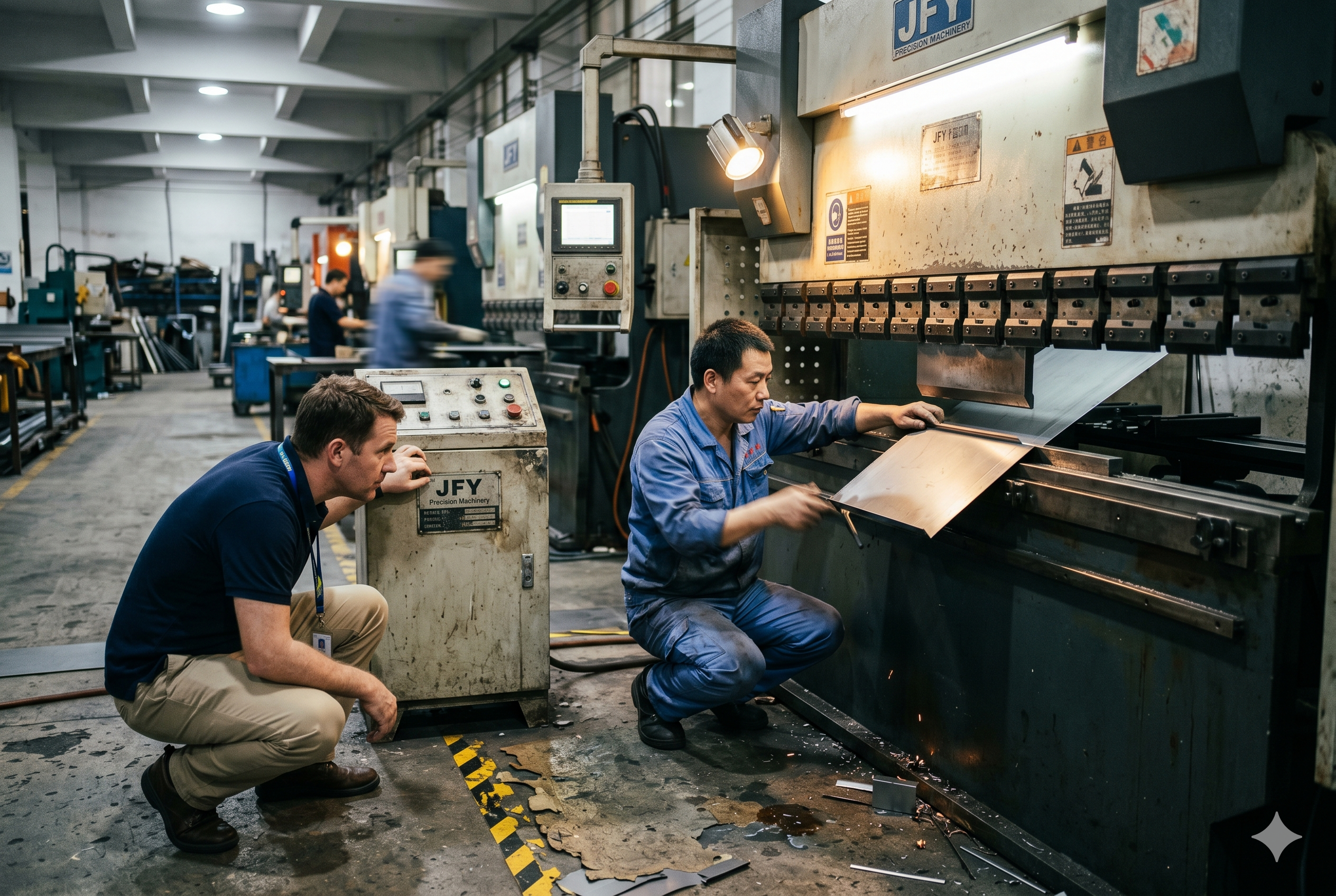 China Factory Quality Audit Luckym buyer and technician inspecting sheet metal bending press at China mechanical parts factory (ID#3)