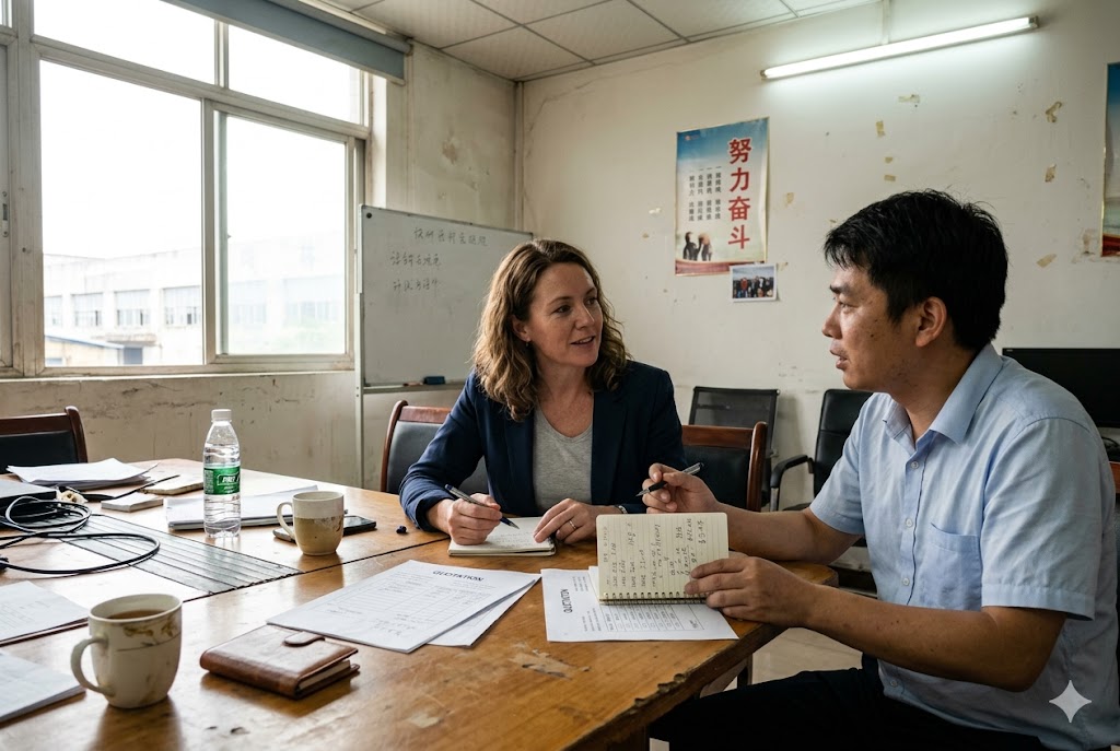Purchasing manager reviewing mechanical engineering drawing with tolerance annotations (ID#4)