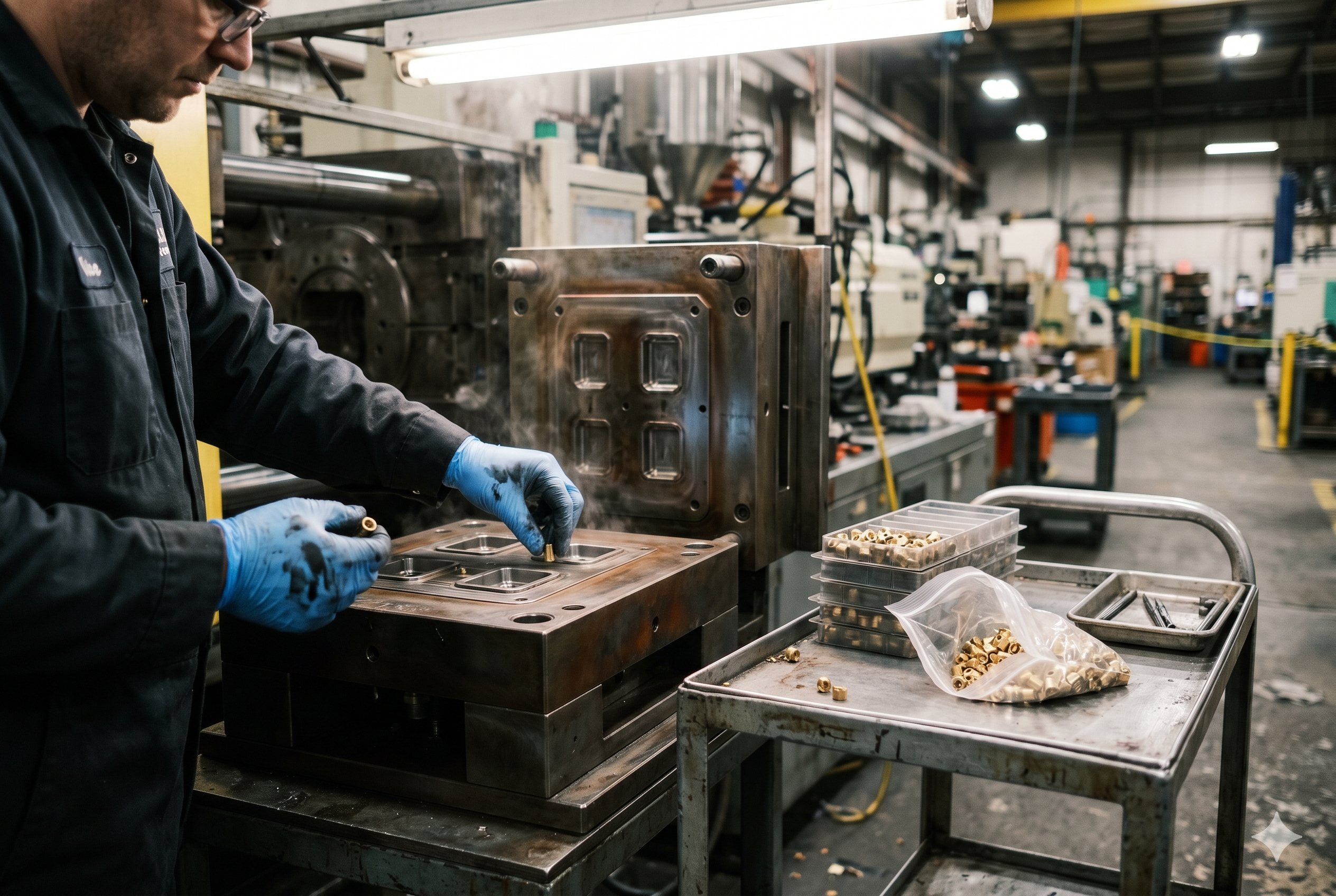 Factory technician operating injection mold for custom brass mechanical parts (ID#4)