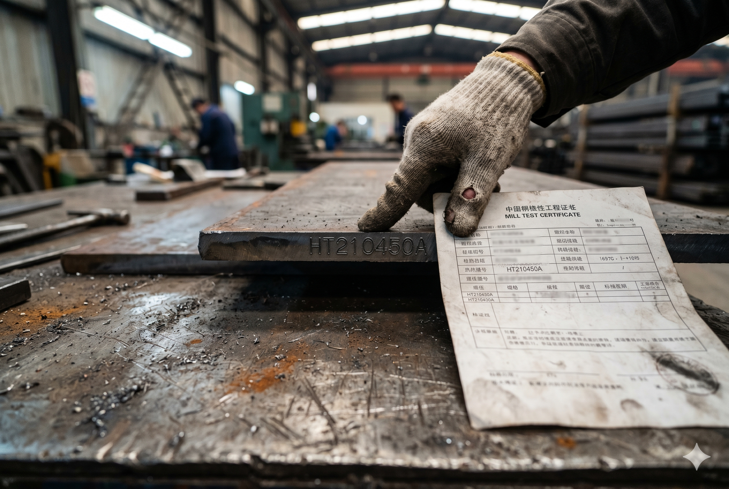 Steel Material QC Check Luckym quality inspector verifying mill test certificate against stamped steel material in China factory (ID#4)