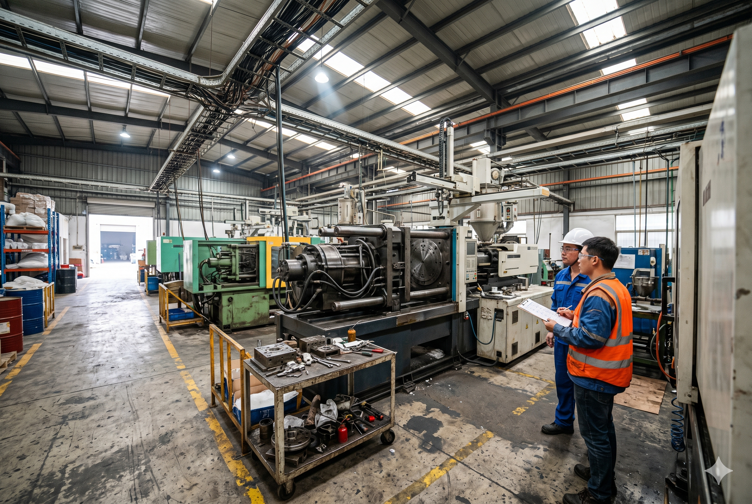 Two engineers auditing injection molding factory floor for quality control (ID#5)