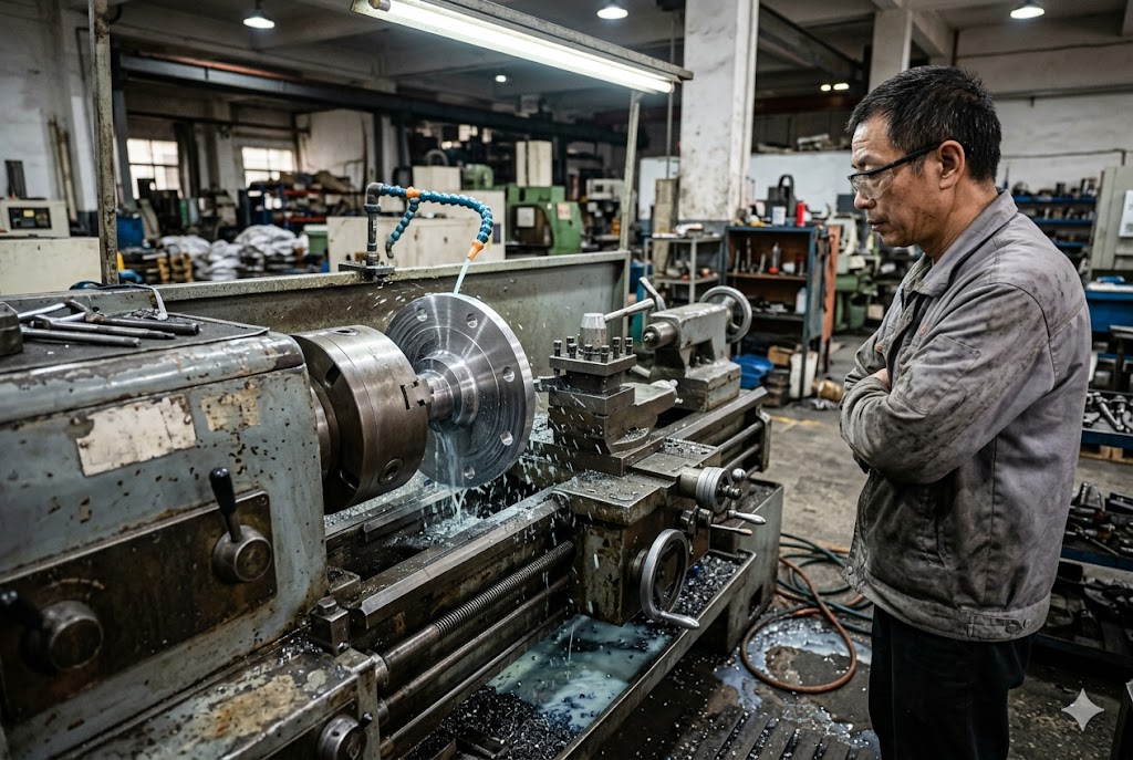 Conventional CNC Lathe Operation Conventional CNC lathe machining large-diameter flange in Chinese workshop with male operator (ID#5)